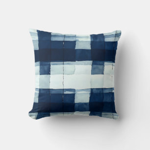 Navy Blue and White Watercolor Plaid Throw Pillow