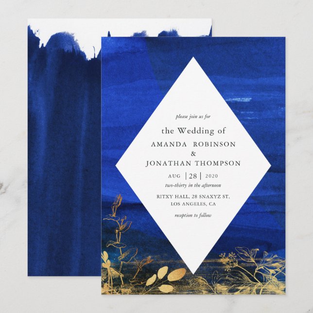 Navy Blue and White Watercolor Wash Wedding Invitation (Front/Back)