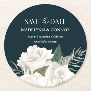 Navy Blue and White Wedding Save the Date Round Round Paper Coaster