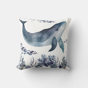 Navy Blue And White Whale And Seashells Throw Pillow