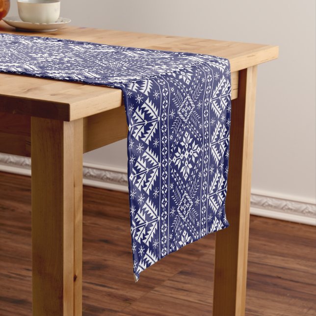 Navy Blue and White Winter Fair Isle Christmas Short Table Runner (In Situ)
