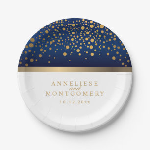 Navy Blue and White with Gold Confetti Dots Paper Plate
