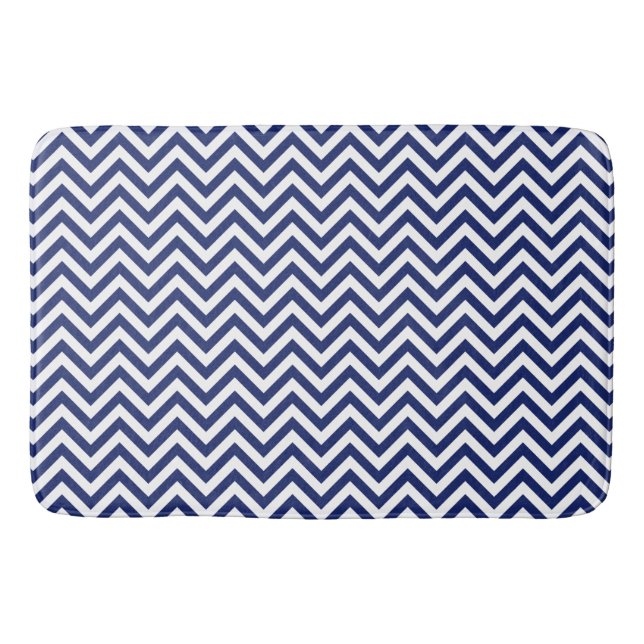 Navy Blue and White Zigzag Stripes Chevron Pattern Bath Mat (Front)