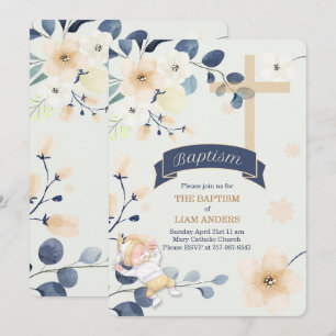 Navy Blue and Yellow Blossoms Christian Baptism Invitation