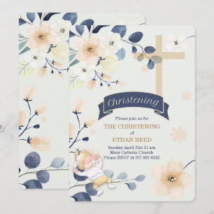 Navy Blue and Yellow Blossoms Cross Christening Invitation