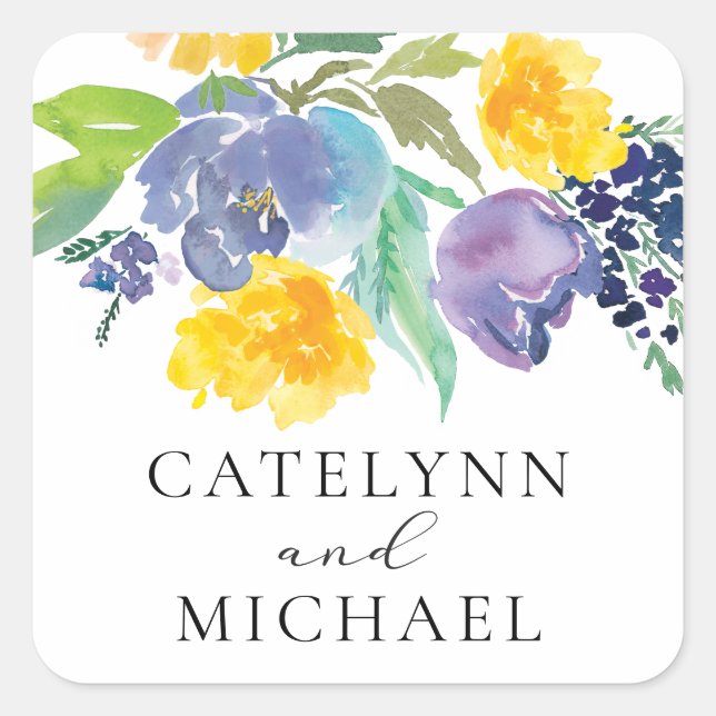 Navy Blue and Yellow Bright Floral Wedding Sticker (Front)