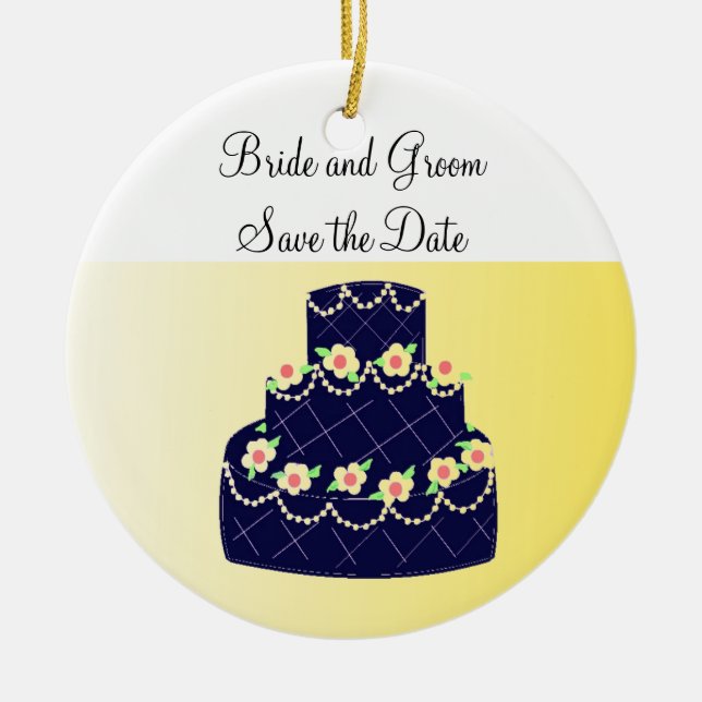 Navy Blue and Yellow Cake Save the Date Ceramic Ornament (Front)