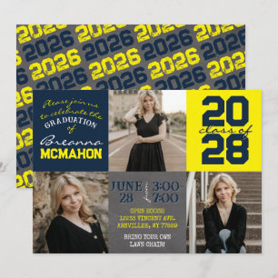 Navy Blue and Yellow Chalkboard 3 Photo Graduation Invitation