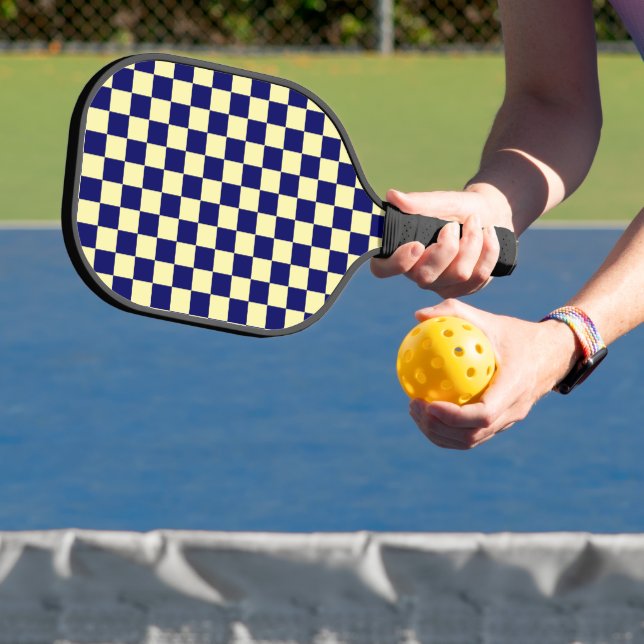 Navy Blue and Yellow Chequerboard Pattern Pickleball Paddle (Insitu)