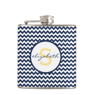Navy Blue and Yellow Chevron Monogram Hip Flask