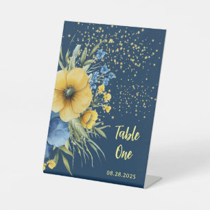 Navy Blue and Yellow Floral Gold Table Numbers Pedestal Sign