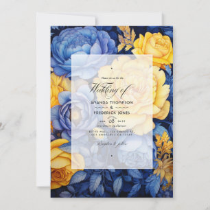 Navy Blue and Yellow Floral Wedding Invitation