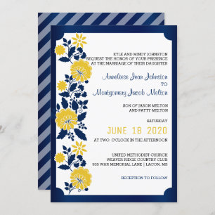 Navy Blue and Yellow Floral Wedding Invitation