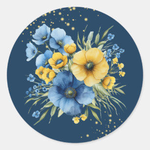 Navy Blue and Yellow Florals Gold Glitter Wedding Classic Round Sticker
