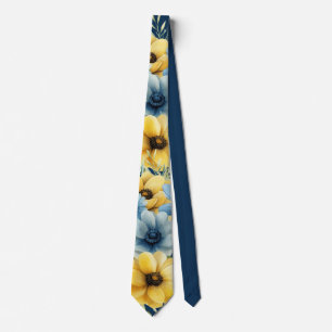 Navy Blue and Yellow Florals Gold Glitter Wedding Tie