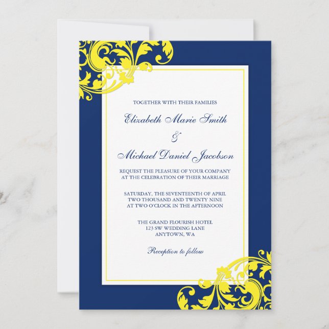 Navy Blue and Yellow Flourish Swirls Wedding Invitation (Front)