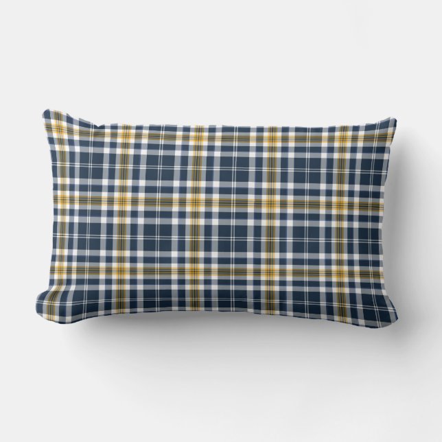 Navy Blue and Yellow Gold Sporty Plaid Lumbar Pillow (Front)