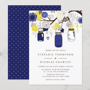 Navy Blue and Yellow Hanging Mason Jars Wedding Invitation