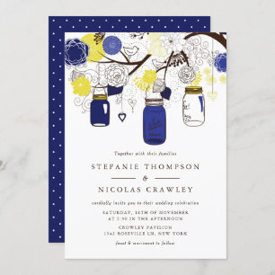 Navy Blue and Yellow Mason Jars Wedding Invitation