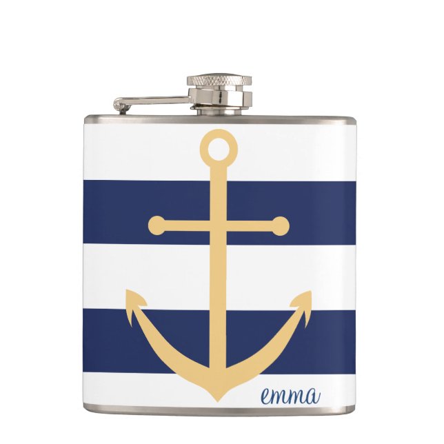Navy Blue and Yellow Monogram Anchor Flask (Front)