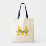 Navy blue and yellow monogram wedding tote bag<br><div class="desc">Navy blue and yellow wedding tote bag with personalized monogram. Vintage chic style design. Customize for bridesmaids,  flower girls,  maid of honour,  mother of the bride,  guests etc. Elegant script text for name. Gold yellow name initial.</div>