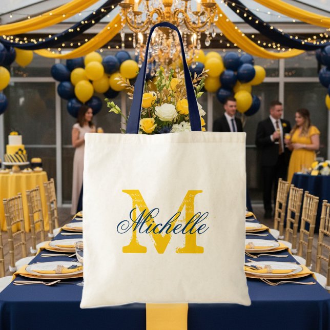 Navy blue and yellow monogram wedding tote bag (blue yellow wedding tote bag)