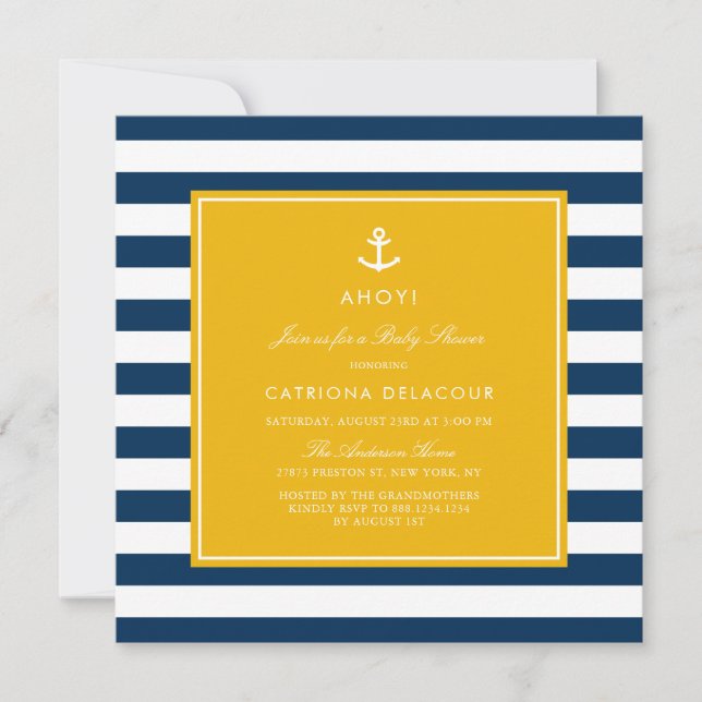Navy Blue and Yellow Nautical Stripes Baby Shower Invitation (Front)