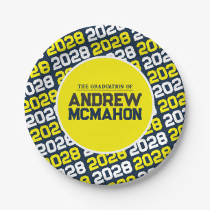 Navy Blue and Yellow Personalized Graduation Paper Plate
