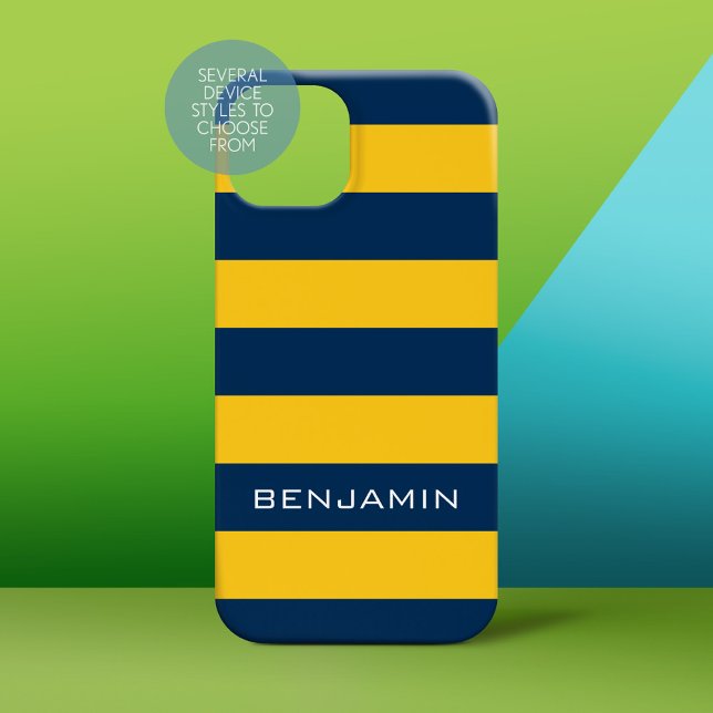 Navy Blue and Yellow Rugby Stripes Custom Name (Personalized Phone Case)
