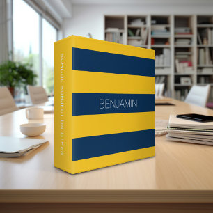 Navy Blue and Yellow Rugby Stripes Custom Name Binder