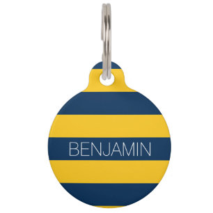 Navy Blue and Yellow Rugby Stripes Custom Name Pet Tag