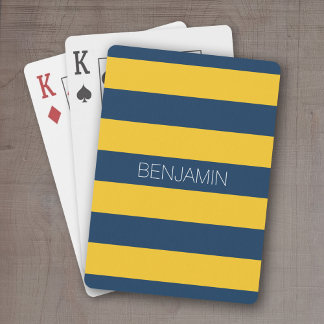Navy Blue and Yellow Rugby Stripes Custom Name Playing Cards