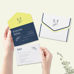 Navy Blue and Yellow Simple Modern Wedding All In One Invitation