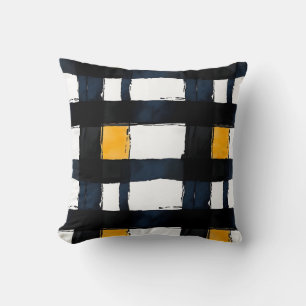 Navy Blue and Yellow Watercolor Plaid Throw Pillow