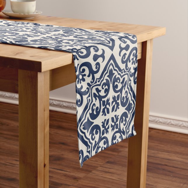 Navy Blue Andalusian Scrollwork Tile Short Table Runner (In Situ)