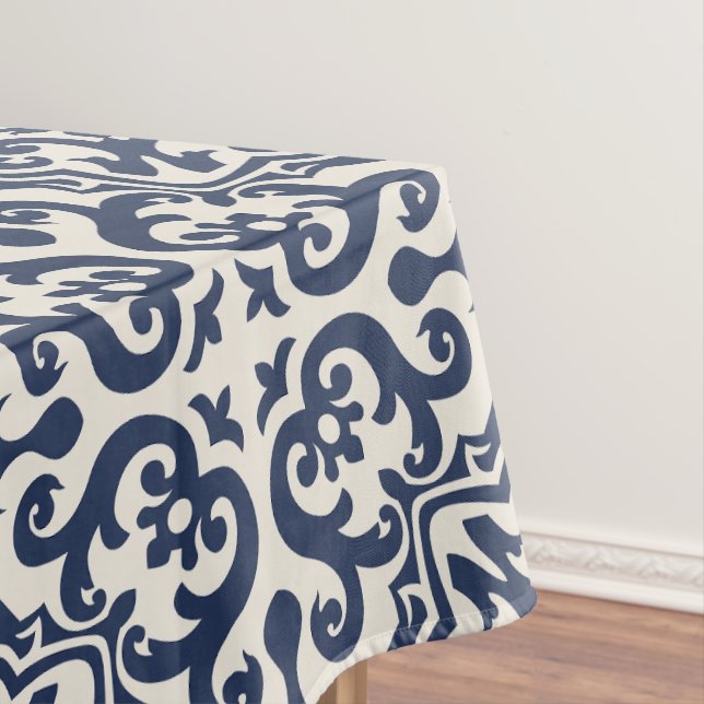 Navy Blue Andalusian Scrollwork Tile Tablecloth (In Situ)
