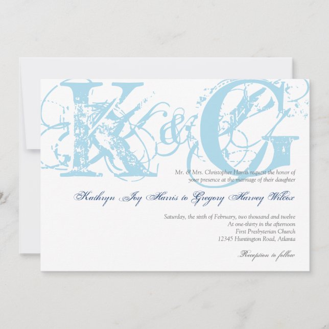 Navy blue antique grunge monogram wedding invite (Front)