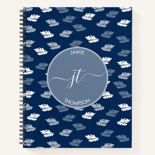 Navy Blue Antique Leaves Pattern Monogram  Notebook (Front)
