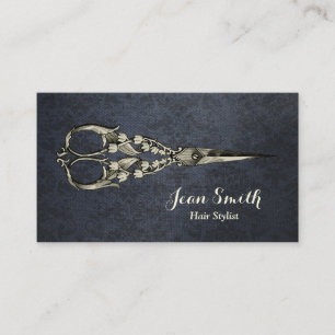 Navy Blue Antique Scissor Damask Hair Stylist Business Card