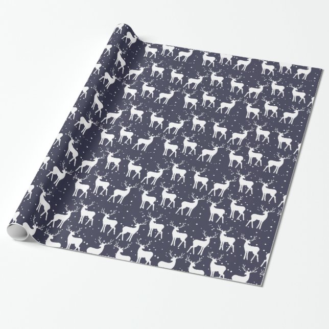 Navy Blue Antler Reindeer Christmas Pattern Wrapping Paper (Unrolled)