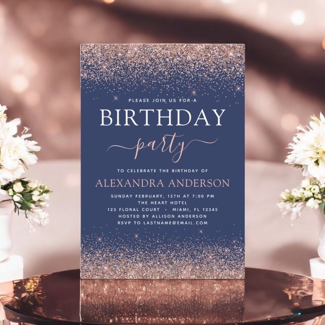 Navy Blue Any Age Birthday Rose Gold Pink Glitter Invitation (Creator Uploaded)