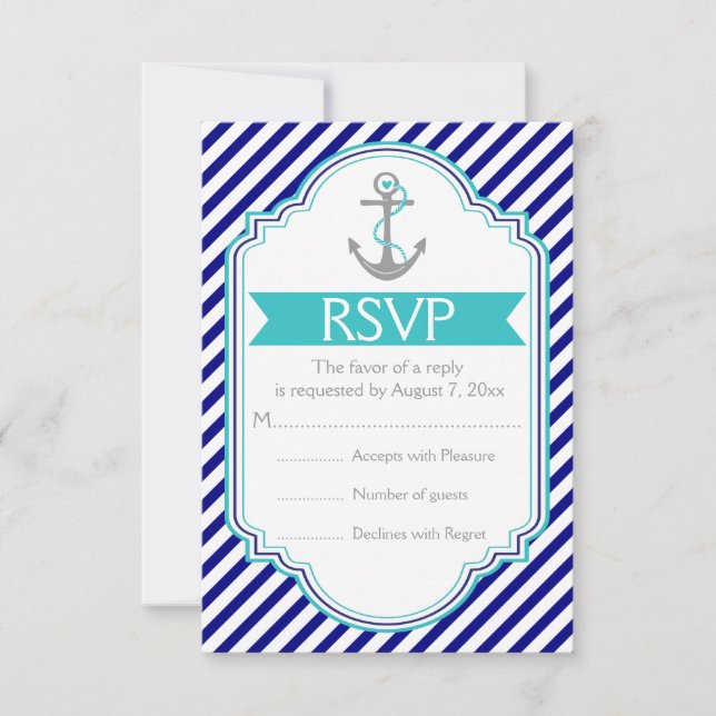 Navy blue, aqua anchor nautical wedding RSVP Card (Front)