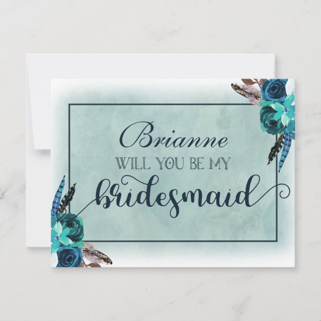 Navy Blue & Aqua Boho Will You Be My Bridesmaid Invitation (Front)