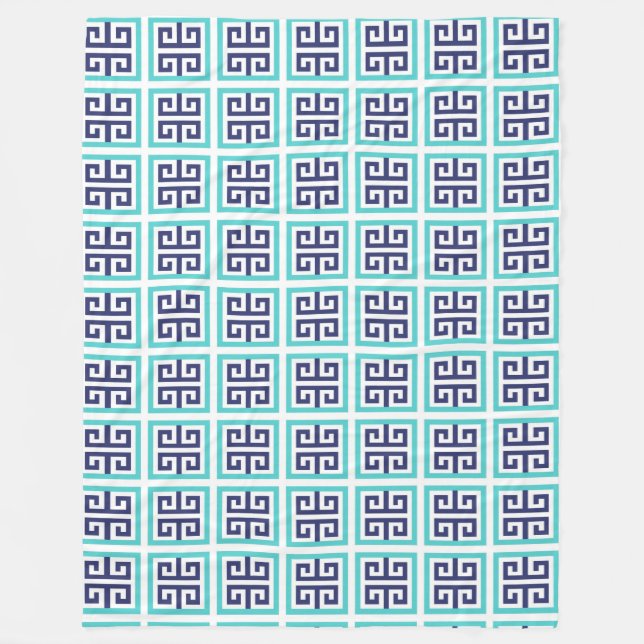 Navy Blue Aqua Greek Pattern Fleece Blanket (Front)