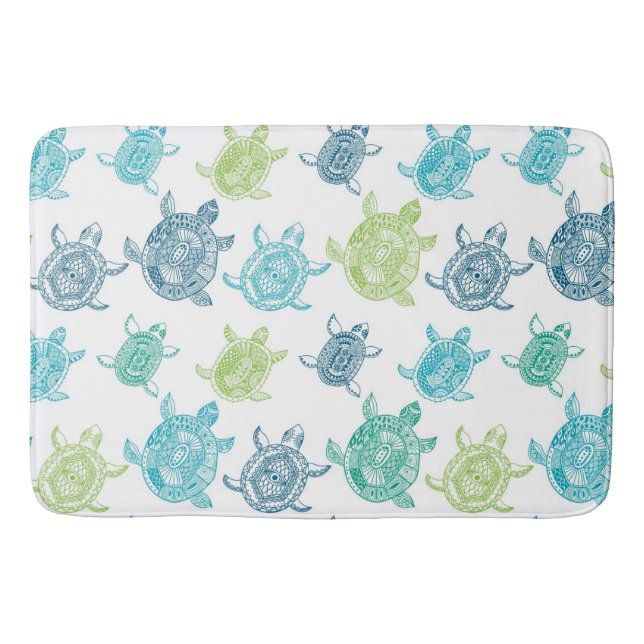 Navy Blue Aqua Lime Green Sea Turtles Pattern  Bath Mat (Front)