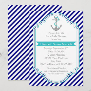Navy blue, aqua nautical wedding bridal shower invitation