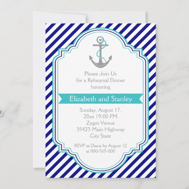 Navy blue, aqua nautical wedding rehearsal dinner invitation (Front)