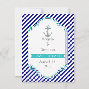 Navy blue, aqua nautical wedding Save the Date Invitation