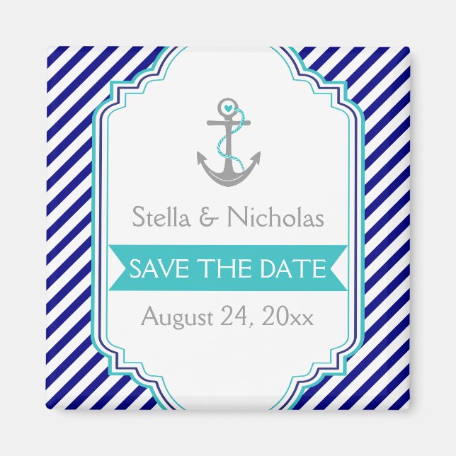 Navy blue, aqua nautical wedding Save the Date Magnet (Front)