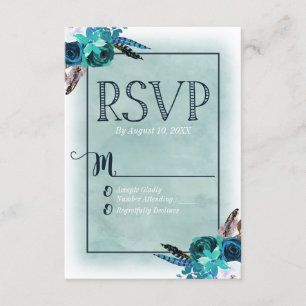 Navy Blue & Aqua Watercolor Floral Wedding RSVP Card